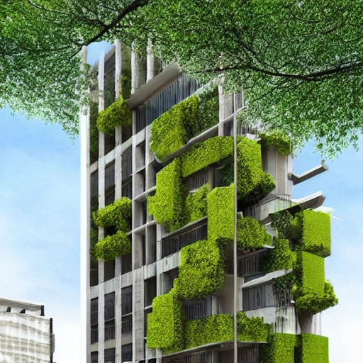 edificio centralcon vacios, de tres pisos en concreto con estilo moderno y forma de un arbol con hojas amarillas , 3D