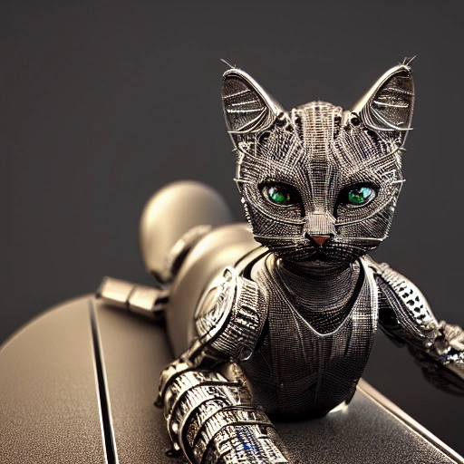 A hyper-detailed complex 3d render of a cute cyborg kitten made out of metal, glowing cinematic, detailed wire, vibrant details, unreal engine, octane render, cinematic shot, flawless detail, award-winning, expertly crafted, meticulously composed photography, creative, 8k, rim light, dynamic lighting