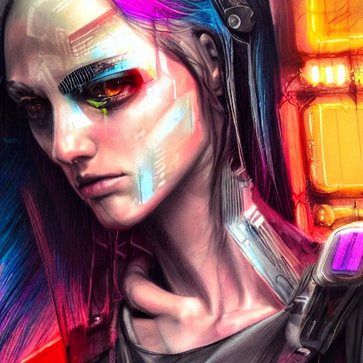 side close up portrait of 1 cyberpunk girl, detailed face, spotlight, cyberpunk city, wired, multicolored, vibrant high contrast, hyperrealistic, photografic, 8k, epic ambient light, octane render, Pencil Sketch, Water Color, Oil Painting, Oil Painting, Oil Painting, Trippy, Pencil Sketch