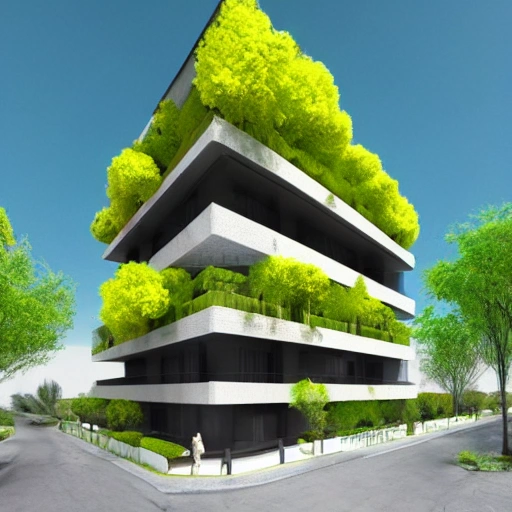 edificio de tres pisos en concreto con forma de un arbol con hojas amarillas, 3D