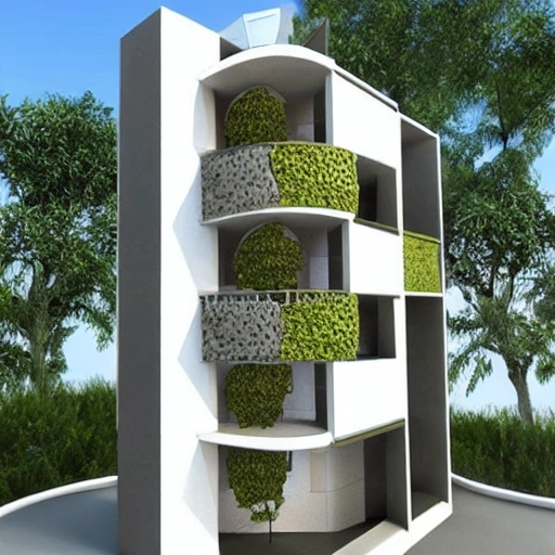 edificio de tres pisos en concreto con forma de un arbol con hojas amarillas, 3D