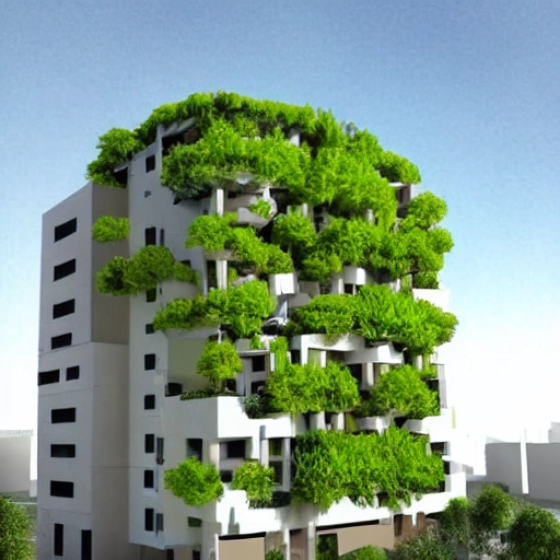 edificio de tres pisos en concreto con forma de un arbol con hojas amarillas, 3D