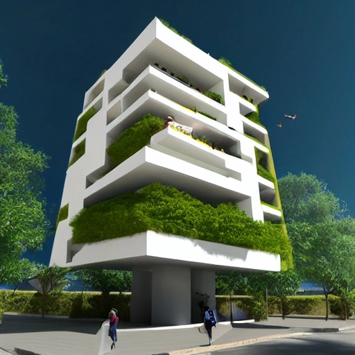 edificio de tres pisos en concreto con forma de un arbol con hojas amarillas, 3D