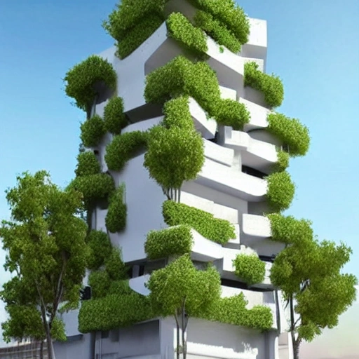 edificio de tres pisos en concreto con forma de un arbol con hojas amarillas, 3D