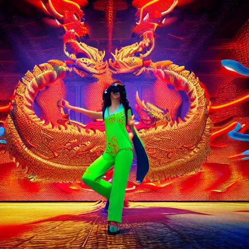 dragon dance ，3D render,Tpose,hyper detailed, fasion, futuristic fashion, colorful innerwear, 8k --ar 1:2, Trippy