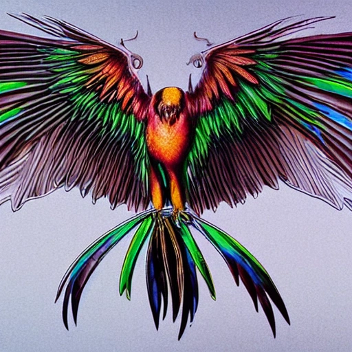phoenix bird, ciberpunk, realistic, 3d, detailed, flying, wings spread, vivid colors, contrast dark background