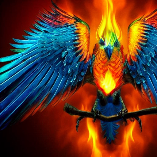 phoenix bird, ciberpunk, realistic, 3d, detailed, flying, wings spread, vivid colors, contrast dark background, Futuristic detailed fire around