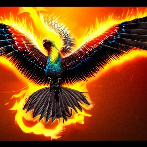 phoenix bird, ciberpunk, realistic, 3d, detailed, flying, wings spread, vivid colors, contrast dark background, Futuristic detailed fire around, realistic details