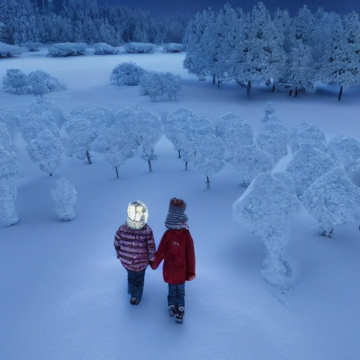 children walking through the snow far in the plane, scenic landscape, stunning environment, dusk, ultra detailed, octane render, ultra detail, intricate detail, volumetric lighting, vivid colours, photorealistic, photography, lifelike, high resolution, digital art, ultra wide angle lens, aerial view, elevated view, wallpaper --ar 3:2 --v 4
