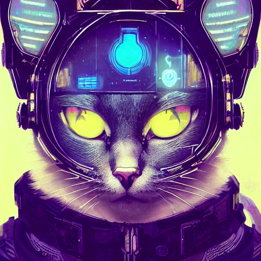 a beautiful portrait of a cute cyberpunk cat by greg rutkowski and wlop, purple blue color scheme, high key lighting, digital art, highly detailed, fine detail, intricate, ornate, complex , 3D, Trippy