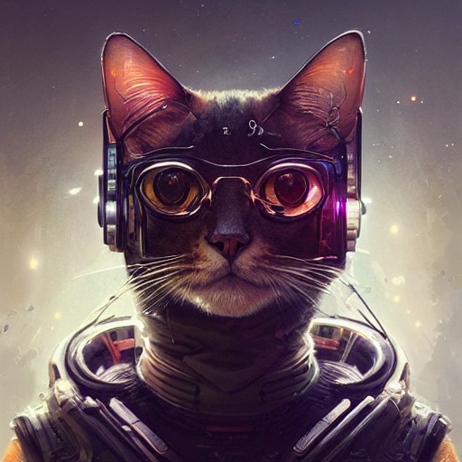 a beautiful portrait of a cute cyberpunk cat by greg rutkowski and wlop,  high key lighting, digital art, highly detailed, fine detail, intricate, ornate, complex , 3D, Trippy