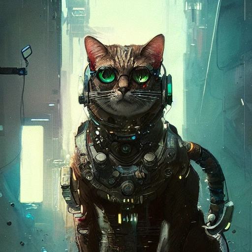 a beautiful portrait of a cute cyberpunk cat by greg rutkowski and wlop,  high key lighting, digital art, highly detailed, fine detail, intricate, ornate, complex , Water Color