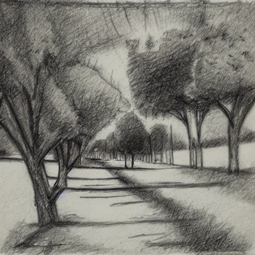 Un paisaje, del campo, con árboles y carretas por un sendero., Pencil Sketch