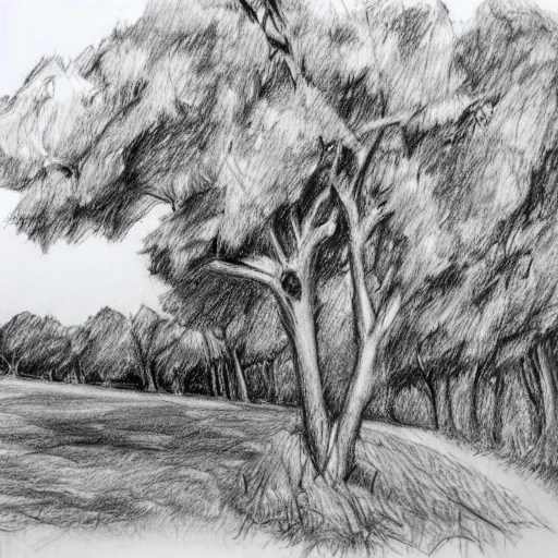 Un paisaje, del campo, con árboles y carretas por un sendero., Pencil Sketch