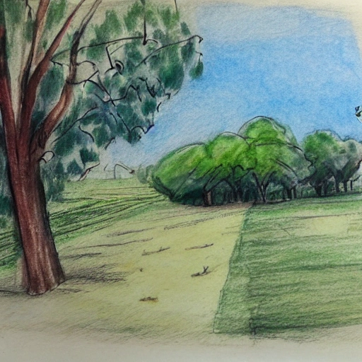 Un paisaje, del campo, con árboles y carretas por un sendero., Pencil Sketch, Water Color