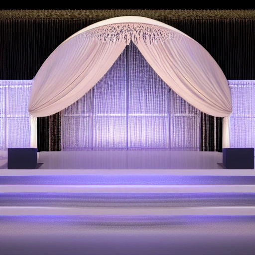 The world's largest xiuc wedding design, corrugated resin board style, dark gray background and white stage, glass texture and metal material, professional gradient color matching, full of affinity, show style, romantic charm, exquisite hollow luminous curve design, perspective angle, Subtle curved surface decoration, layered, layered high definition, 3d rendering, surrealism, cinema footage, stage lighting, 16K, 3D