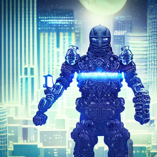 Stunning 3D render of a cyborg Ninja with glowing eyes, close-up, intricate details, set against a skyline at night, blue neon effect, futuristic, sharp focus, cinematic, high contrast, rim light, celestial atmosphere, fiery effect, vivid --ar 16:9 --q . 5 --stylize 250