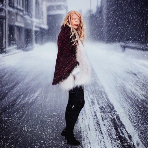 professional portrait photograph of a gorgeous Norwegian girl in winter clothing with long wavy blonde hair, sultry flirty look, (freckles), gorgeous symmetrical face, cute natural makeup, wearing elegant warm winter fashion clothing, ((standing outside in snowy city street)), stunning modern urban environment, ultra realistic, concept art, elegant, highly detailed, intricate, sharp focus, depth of field, f/1.8, 85mm, medium shot, mid shot, (((professionally color graded))), bright soft diffused light, (volumetric fog), trending on instagram, hdr 4k, 8k