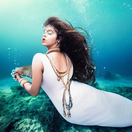 Fantastic female portrait with underwater backgrounds, Indian girl, white alluring dress, big heavy chest, mermaid, cinematic style, sensual,