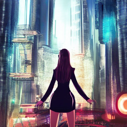 Behold a mesmerizing sight of a young woman amongst a high-tech futuristic cityscape, bursting with vibrant and extreme details." --ar 9:16 