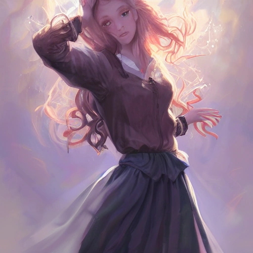 realistic portrait of a innocent young hot teen girl, d&d magic fantasy, dark magical school student uniform, light curly hair, casting a bright large-scale magical spell around herself, overflowing energy, highly detailed, digital painting, trending on artstation, pixiv, concept art, sharp focus, illustration, art by Ross Tran and Greg Rutkowski and Walt Disney animation