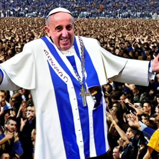 Catholic Pope Francisco with a jacket and shorts from the San Lorenzo de Almagro Soccer Club of Argentina at the La Bombonera stadium of the Boca Juniors Club shouting a goal