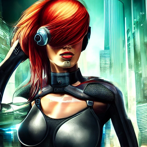 (masterpiece, cyberpunk, hyper detailed, best quality), woman, solo, tanned skin, toned body, calm demeanor, motorcycle, motorcycle helmet, vibrant ginger hair under motorcycle helmet, cleavage, detailed clothing, finely detailed, beautiful detailed shading, beautifully detailed background, sharp focus, cinematic lighting, modern photography, micro detail, macro detailed shading, smooth soft skin, glowing light, detailed background, dynamic angle,, Water Color, Water Color