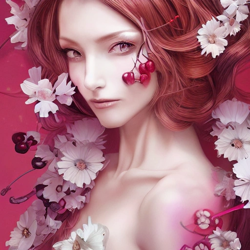 , Cartoon the portrait of the absurdly beautiful, graceful, elegant, gorgeous, fashionable photorealistic anime european woman made of cherries and white petals with tears, an ultrafine hyperrealistic illustration by kim jung gi, irakli nadar, intricate linework, bright colors, octopath traveler, final fantasy, unreal engine highly rendered, global illumination, radiant light, intricate environment