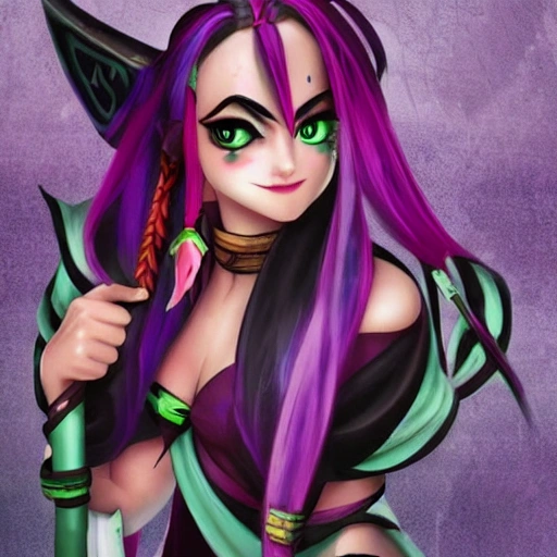 jinx league of legend en kimono, con cabello azul y ojos purpura