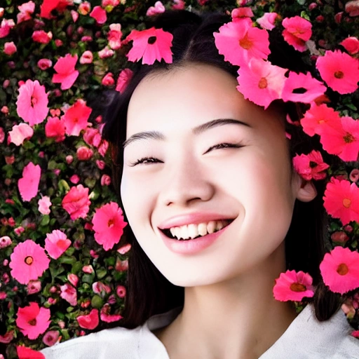 The  Chinese girl with the petals in her hair, smile