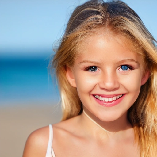 beautiful smile girl, blond flutter hair, highly detailed face and eyes, sun light, high contrast, realistic details, beach