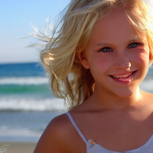 beautiful smile girl, blond flutter hair, highly detailed face and eyes, sun light, high contrast, realistic details, beach