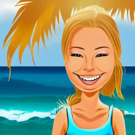 beautiful smile girl, blond flutter hair, highly detailed face and eyes, sun light, high contrast, realistic details, beach, Cartoon