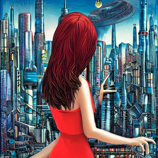 Behold a mesmerizing sight of a young woman amongst a high-tech futuristic cityscape, bursting with vibrant and extreme details." --ar 9:16