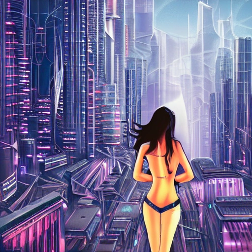 Behold a mesmerizing sight of a young woman amongst a high-tech futuristic cityscape, bursting with vibrant and extreme details." --ar 9:16