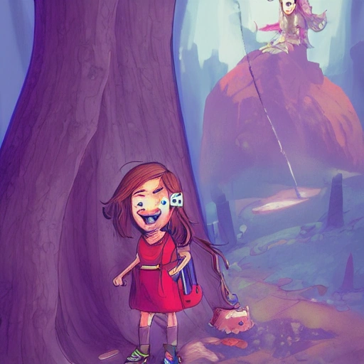 Child girl, adventurer looking to a monster, backpack, illustration, fantasy art, long hair, Nikita bulatov style, Cartoon, saturated--upbeta --q 2 --v 4