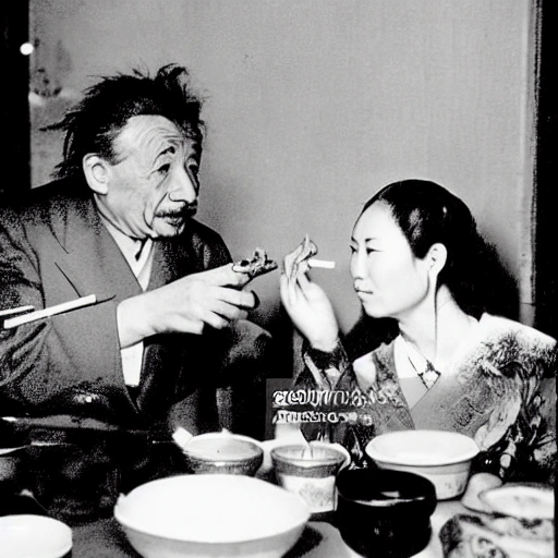 A Chinese-style restaurant banquet with clear facial features. Einstein hands over a cigarette to another person.