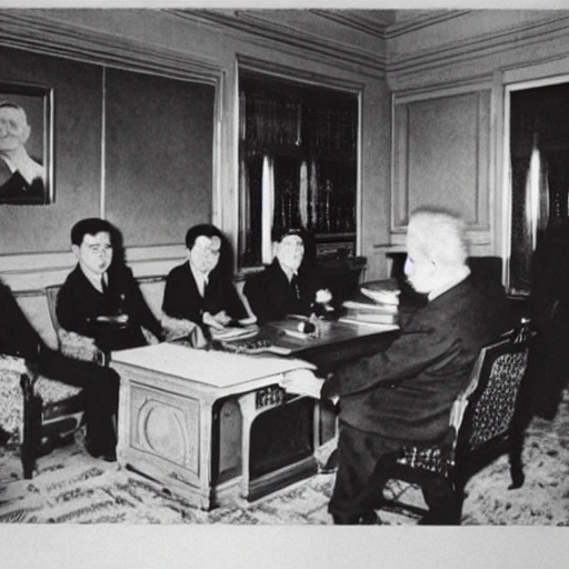 A colored photographic record of a Chinese official's office with clear facial contours. Einstein bows and hands a cigarette to the official.