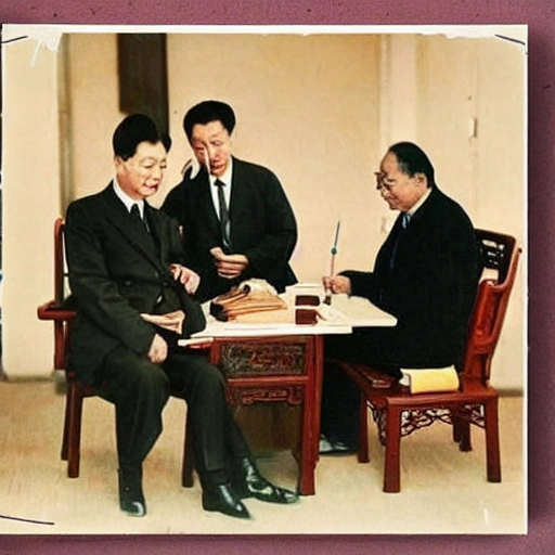 A colored photograph of a Chinese official's office. Einstein humbly hands a cigarette to the official.