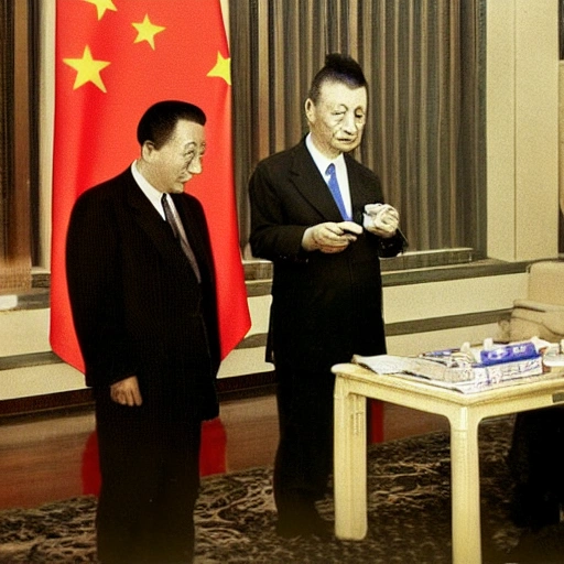 A high-definition colored photograph of a Chinese official's office. Einstein humbly hands a cigarette to the official.