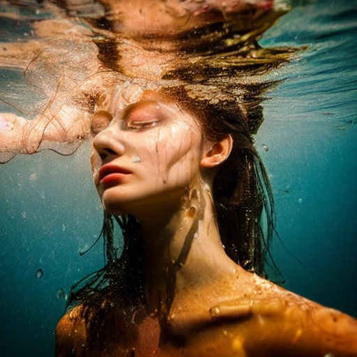 High detail RAW color photo professional, highly detail face: 1.4, a detailed portrait of a woman floating underwater wearing long flowing dress, nymph style, amazing underwater, detailed skin, wet clothes, wet hair, see-through clothes, lens flare, shade, tindal effect, lens flare, backlighting, bokeh