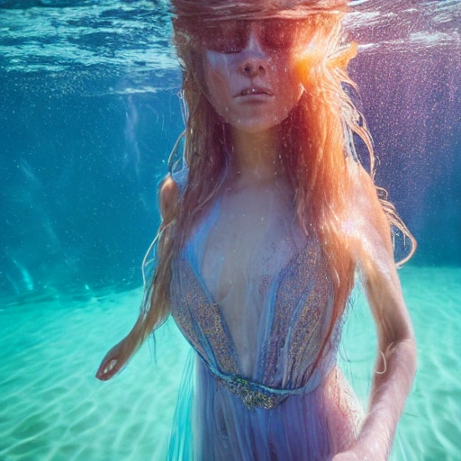 High detail RAW color photo professional, highly detail face: 1.4, a detailed portrait of a woman floating underwater wearing long flowing dress, nymph style, amazing underwater, detailed skin, wet clothes, wet hair, see-through clothes, lens flare, shade, tindal effect, lens flare, backlighting, bokeh