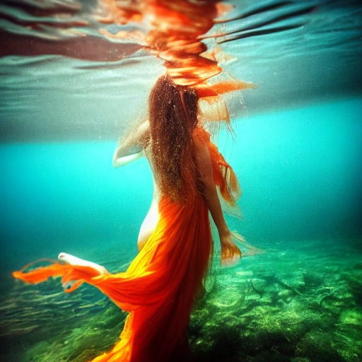 High detail RAW color photo professional, highly detail face: 1.4, a detailed portrait of a woman floating underwater wearing long flowing dress, nymph style, amazing underwater, detailed skin, wet clothes, wet hair, see-through clothes, lens flare, shade, tindal effect, lens flare, backlighting, bokeh