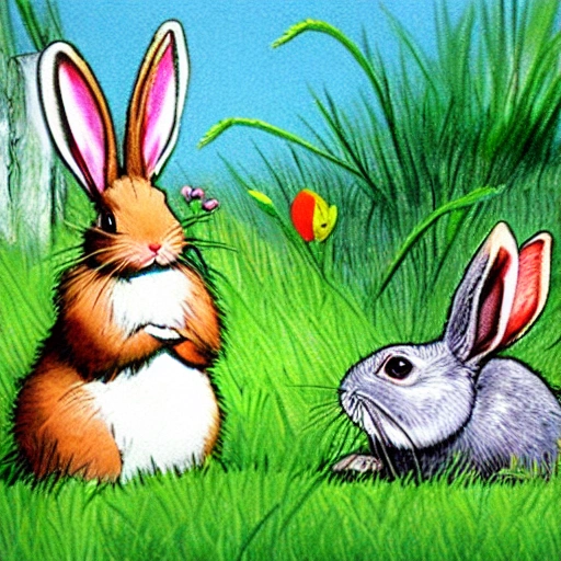 The little rabbit eats grass in the grass, fairy tale picture book