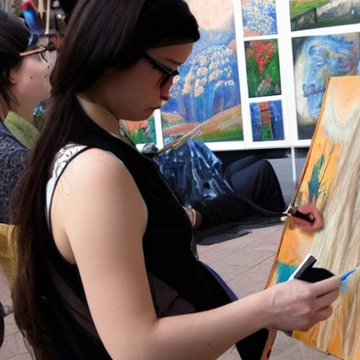 an artist dressed like Da-Vinci is drawing a painting on a large iPhone, the painting he drawn is pixel style., Cartoon