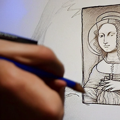 Da-Vinci is drawing a painting on a large iPhone, the painting he drawn is pixel style, Cartoon