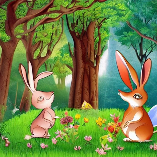 A fairy tale picture book illustration, there are lovely rabbits, there are forests, there are grass, rabbits are grazing, style for illustrations, cartoons