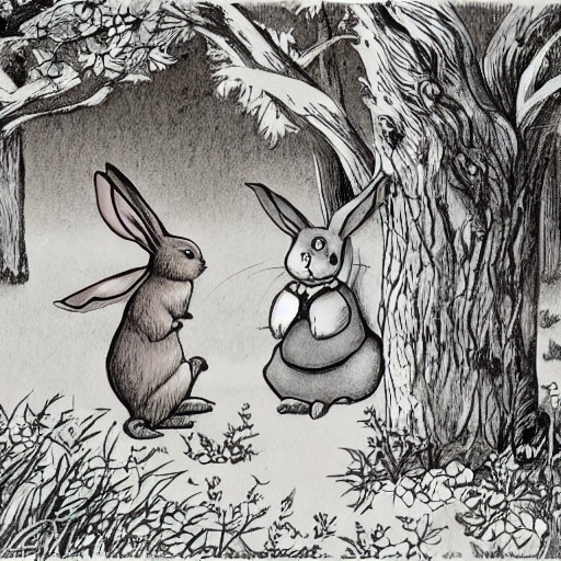 A fairy tale picture book illustrations, there are lovely rabbits, there are forests, there are grass, a rabbit grazing with its head down, style for illustrations, cartoons