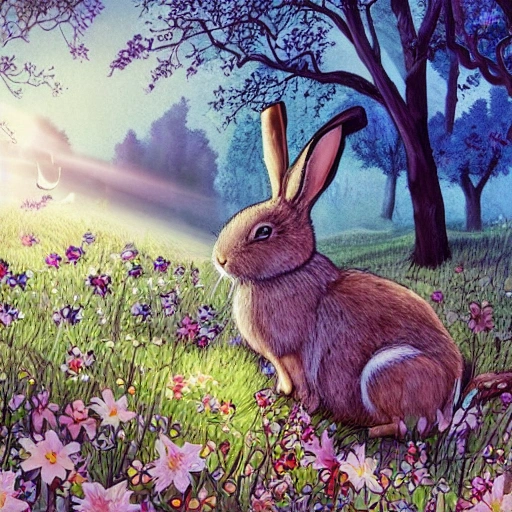 A fairy tale picture book illustrations, there are lovely rabbits, forests, grass, sunshine, the sky, a rabbit grazing with his head down, style for illustrations, cartoons, sunshine