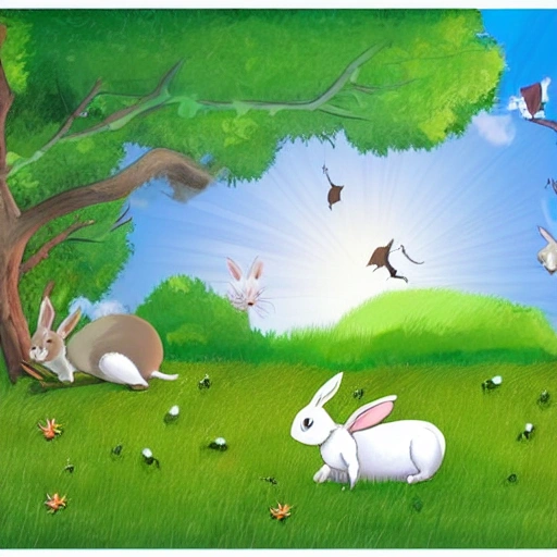 An illustration of a fairy tale picture book, with lovely rabbits, forest, sky, a rabbit grazing with its head down, style for illustrations, cartoons, sunshine